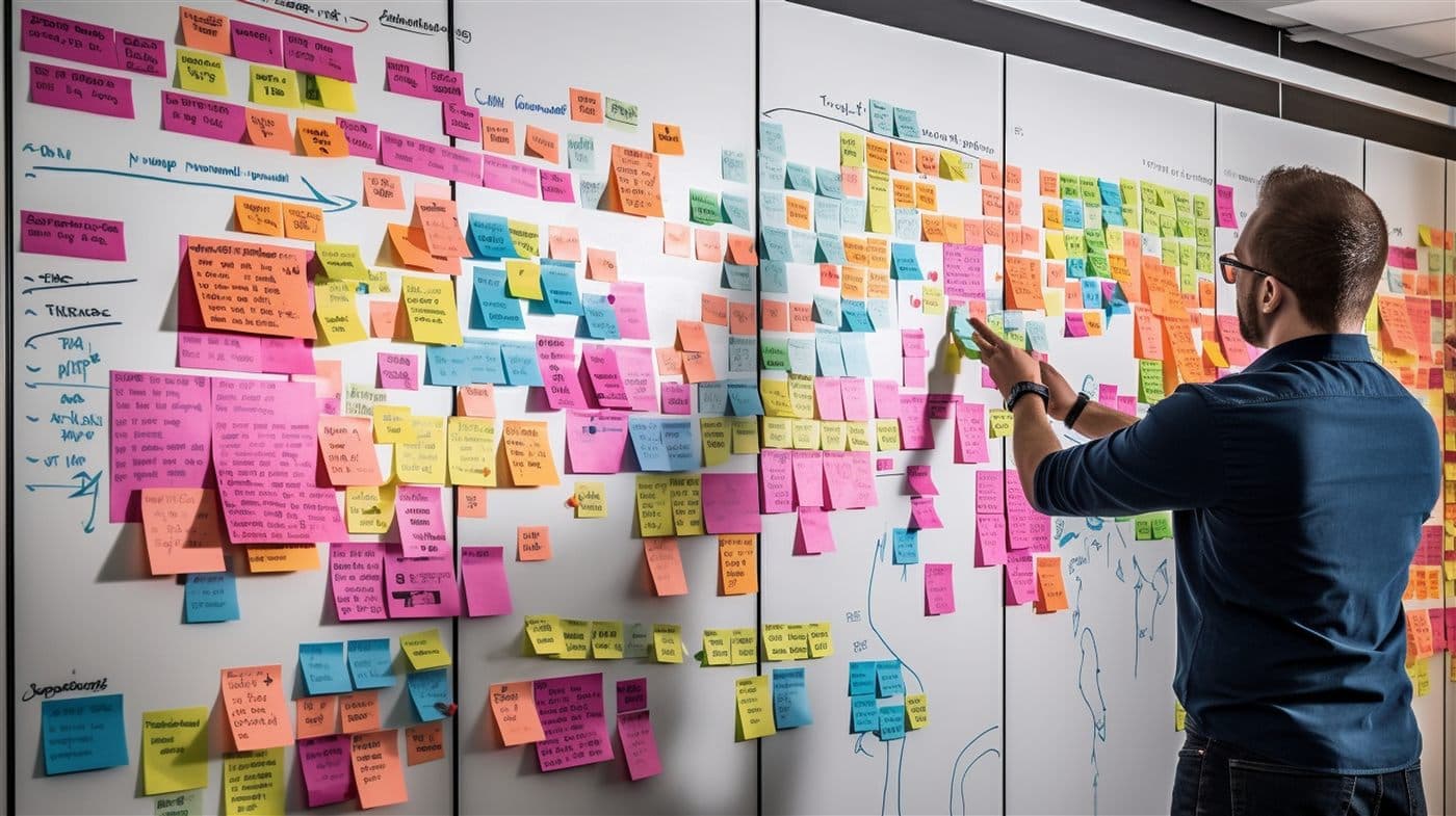 Project planning wall covered with connected sticky notes